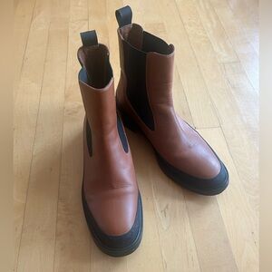 Frame Denim Tan Leather Chelsea Booties with Black Soles